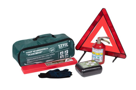 Набор автомобилиста стандарт (знак аварийной остановки, аптечка, огнетушитель ОП2, перчатки, сумка) STVOL SNA01